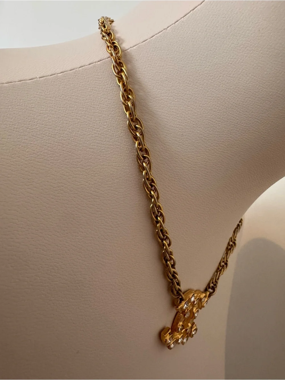 CHANEL Gold-Tone CC Logo Necklace with Clear Crystals